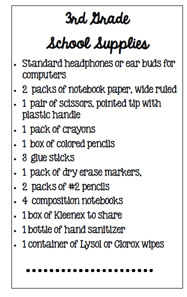 3rd grade supply list 